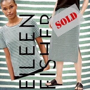 New EILEEN FISHER Organic Linen Jersey Green Stripe Skirt Tee Set Medium Large